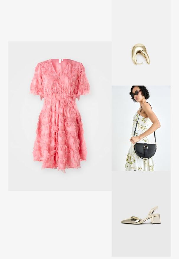 Rochie roz cu decolteu în V, mâneci scurte și textură franjurată pe întreaga suprafață. Bustul este strâns în talie, creând o siluetă evazată.; Pantofi cu toc slingback metalici aurii, cu vârf ascuțit și toc chunky. Textură netedă, design minimalist și o curea subțire.; Geantă din piele neagră, cu o formă curbată, curea detașabilă și accesorii aurii. Geanta are un capac cu un detaliu tip cataramă.; Cercei din metal de culoare aurie cu un design elegant și curbat. Prezintă o formă distinctivă, ascuțită, o suprafață lustruită și un sistem de închidere cu balama.