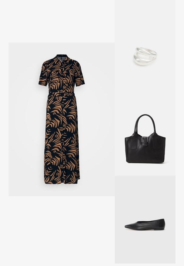 Juoda marškinėlių suknelė iš audinio su abstrakčiu tan raštu, trumpomis rankovėmis, diržu liemeniu ir maksi ilgiu.; Juodas odinis baleto batas, su smailiu pirštu, minimalistinio dizaino, lygiu paviršiumi, žemo profilio kulnu, be matomos aparatūros ar papuošimų.; Juodas odinis nešiojamas krepšys su lygiu paviršiumi, struktūrine forma, dviem rankenėlėmis ir ryškiu sidabriniu sagties akcentu priekyje.; Sidabrinis dvigubas žiedas su lygiu, poliruotu paviršiumi. Pasižymi sklandžiu, kreiptu dizainu su persipinančiomis dalimis, suteikiančiomis modernų išvaizdą.