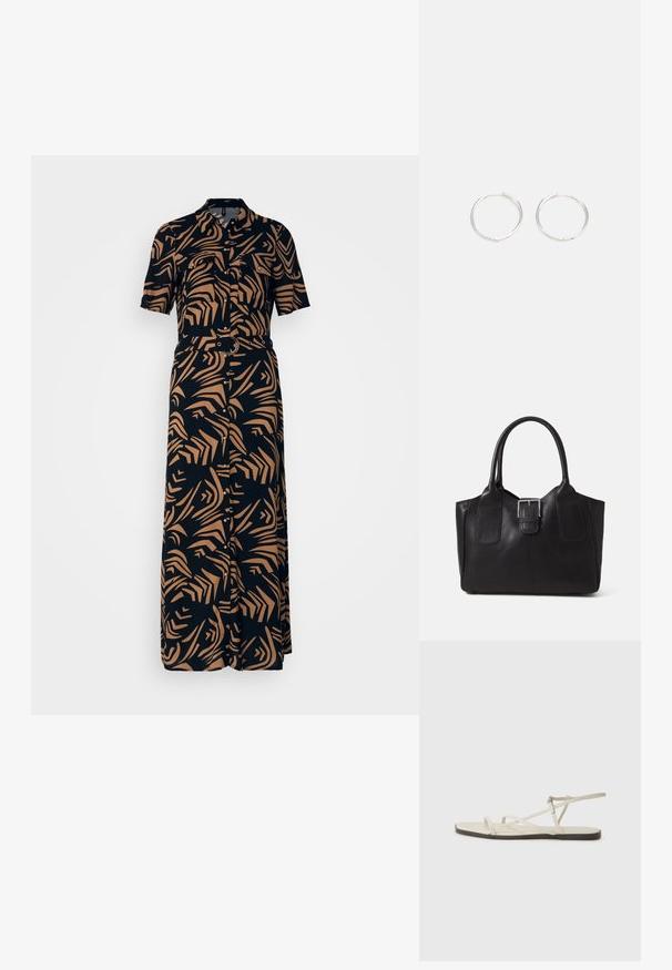 Φορεμάριο με κουμπιά, σε μαύρο ύφασμα με αφηρημένα καφέ σχέδια, διαθέτει κοντά μανίκια, ζώνη στη μέση και maxi μήκος.; Μπεζ επίπεδες σαγιονάρες με πολλές λεπτές λωρίδες και ρυθμιζόμενο κούμπωμα. Η σόλα είναι επίπεδη με ελαφρώς σκούρα αντίθεση στην άκρη.; Μαύρη δερμάτινη τσάντα tote με λείο υφή, δομημένο σχήμα, δύο λαβές και επιφανές ασημένιο κούμπωμα μπροστά.; Ασημένια σκουλαρίκια κρίκοι με κομψό, στρογγυλό σχέδιο, που διαθέτουν λεία επιφάνεια και χωρίς ορατά διακοσμητικά στοιχεία. Η διάμετρος δεν αναφέρεται.