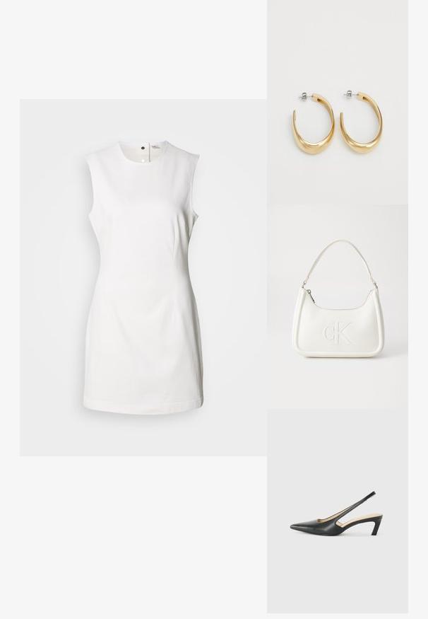 Balts bezpiedurkņu kleita ar apaļu kakla izgriezumu, pievienota pogu aizdare priekšā, šaura piegriezuma un gludas kokvilnas auduma.; Melna, ar smailu purngalu, slingback kurpe ar zemu papēdi, izgatavota no gludas ādas materiāla un ar izgriezumiem sānos gaisa caurlaidībai.; Balta ādas rokassoma ar noapaļotu formu, uz kuras priekšpuses ir izgriezts "CK" logo un viena plecu siksna. Augšā aizverama ar rāvējslēdzēju.; Zeltaini auskari ar gludu, izliekta dizaina. Izgatavoti no metāla, ar elegantu apdari un aizmugurējām aizdares aizsargām.