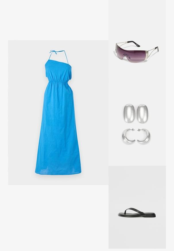 Modrá maxi šaty na jedno rameno vyrobené z ľahkej tkaniny, s elastickým pásom a nastaviteľným viazaním na ramene pre lepšie prispôsobenie.; Čierne šľapky vyrobené z hladkej kože, s tenkým pásikom a plochou podrážkou s minimalistickým profilom. Bez výrazných vzorov alebo akcentov.; Slnečné okuliare s veľkým, zaobleným purpurovým sklom, striebornými kovovými akcentmi a čiernymi stranami so značkou. Na ráme sú viditeľné textúrované detaily.; Súprava strieborných náušníc: dva oválne pecky a dva polkruhové kruhy, s lesklým, hladkým povrchom a zaobleným tvarom.