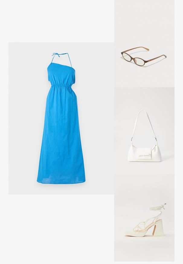 Blå, one-shoulder maxi kjole laget av lett stoff, med elastisk midje og justerbar knyting ved skulderen for tilpasning.; Hvit høyhælte sandal med kraftig hæl, med en stroppe-design og ankelbånd. Glatt tekstur med plattform foran for ekstra høyde.; Brune skjellbriller med ovale linser, tynne stenger og gjennomsiktige detaljer. Har en subtil logo på stangen. Elegant, lett design.; Hvit syntetisk håndveske med trekantet form, flat klaff foran og sløyfe detaljer, justerbar stropp, glatt tekstur og minimalistisk design.