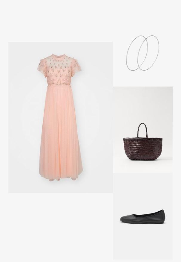 Needle & Thread ROCOCO BODICE ANKLE GOWN - Oblačila za posebne priložnosti - faded coral; Črne usnjene balerinke z zaobljenim nosom, gladko teksturo, minimalnimi šivi in fleksibilno zasnovo podplata.; DRAGON DIFFUSION BAMBOO TRIPLE JUMP SMALL - Torbica - dark brown; Srebrne uhane v obliki obroča z minimalističnim dizajnom. Krožna oblika, gladka tekstura in tanek profil. Lahki s poliranim zaključkom.