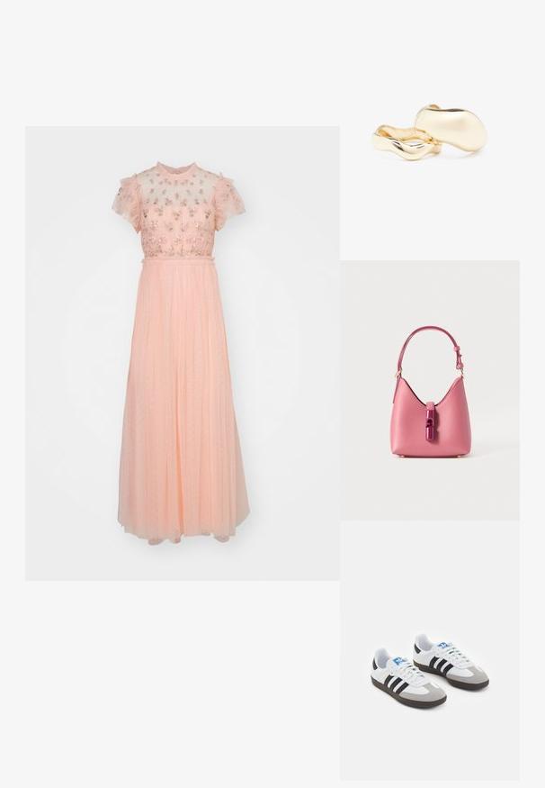 Needle & Thread ROCOCO BODICE ANKLE GOWN - Vestido de fiesta - faded coral; Zapatillas deportivas con parte superior de piel blanca, puntera de ante gris y tres rayas negras. Presentan un logo azul en la lengüeta y una suela de goma texturizada.; Bolso de cuero rosa con una forma estructurada, que presenta un cierre de acento brillante y una sola correa ajustable. Acabado texturizado con herrajes dorados.; Pendientes de color dorado con una forma orgánica, similar a un grano, y una superficie suave y reflectante; presentan un diseño minimalista sin hardware visible.