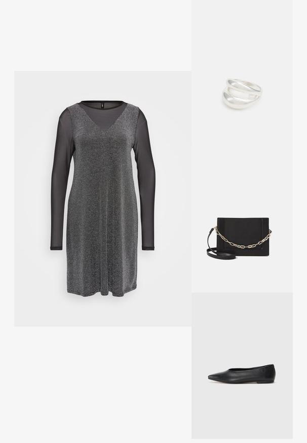 Melnā kleita ar garām caurspīdīgām piedurknēm, ar V-veida izgriezumu un spīdīgu melnu augšdaļu ar gludu tekstūru. Piemērota oficiālām reizēm.; Melna ādas baleta kurpe, ar norādītu purngalu, minimālisma dizains, gluda tekstūra, zema papēža augstums, bez redzamiem aksesuāriem vai rotājumiem.; Melna ādas crossbody soma ar gludu faktūru, taisnstūrveida formu un metalizētu ķēdes detaļu priekšā. Iekļauta regulējama siksna.; Sudraba divu joslu gredzens ar gludu, pulētu virsmu. Iezīmējas ar plūstošu, izliekta dizaina struktūru ar pārklājošām sekcijām modernam izskatam.