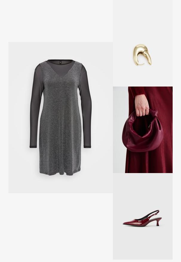 Svart kjole med lange, gjennomsiktige ermer, med V-hals og en glitrende svart overdel med en glatt tekstur. Passer til formelle anledninger.; Burgunderfargede lakket skinn slingback hæler med spiss tå og en elegant stilettohælhøyde. Åpen bakdesign med justerbar ankelrem.; Bordeaux lærhåndveske med et mykt, samlet design og avrundet form. Håndtaket er festet, og viser en glatt tekstur.; Gullfarget metalløredobber med et elegant, buet design. Har en karakteristisk spiss form, polert overflate og hengsel-lukking.
