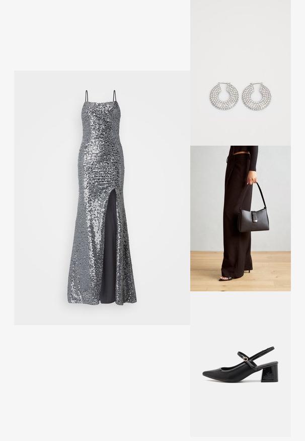 Vestido de noite prateado com lantejoulas, alças finas, corpete justo e racha até à coxa. Forro preto suave por baixo.; Sabrinas de cerâmica preta com salto bloco, bico apontado e um design com recortes arredondados. Apresenta um detalhe em fivela de tom dourado.; Bolsa preta com forma estruturada, textura suave e um fecho metálico. Combinada com calças largas pretas e sandálias de salto aberto sobre um chão de madeira.; Brincos de argola em prata adornados com múltiplos cristais transparentes, apresentando uma superfície texturizada e um design circular aberto.