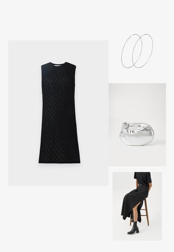 Melnas bezpiedurkņu kleitas ar faktūrētu dimanta rakstu, ar apaļu kaklu un taisnu siluetu, izgatavota no viegla adīta materiāla.; Melna lina maxi svārki ar augstu šķēlumu, valkāti ar melnu T-kreklu un melniem potīšu zābakiem. Minimālistisks dizains ar brīvu piegriezumu.; Sudraba metāliska poga somiņa ar mīkstu, noapaļotu formu un mezgla augšējo aizdari. Izgatavota no gludas mākslīgās ādas materiāla.; Sudraba gredzenveida auskari ar minimālistisku dizainu. Cirkulāra forma, gluda tekstūra un plāns profils. Vieglu svaru ar spīdīgu apdari.