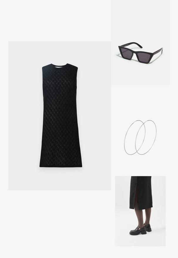 Czarna sukienka bez rękawów o teksturowanym wzorze diamentowym, z okrągłym dekoltem i prostym krojem, wykonana z lekkiego dzianinowego materiału.; Czarne skórzane buty z okrągłym noskiem, grubym blokowym obcasem i elastycznymi akcentami po bokach, zestawione z ciemnymi rajstopami i czarną spódnicą z rozcięciem.; Czarne, kanciaste okulary przeciwsłoneczne z szarymi soczewkami; wykonane z plastiku, z grubymi zausznikami o gładkiej powierzchni i bez widocznych elementów metalowych.; Srebrne kolczyki w formie obręczy o minimalistycznym designie. Okrągły kształt, gładka faktura i cienki profil. Lekkie, z polerowanym wykończeniem.