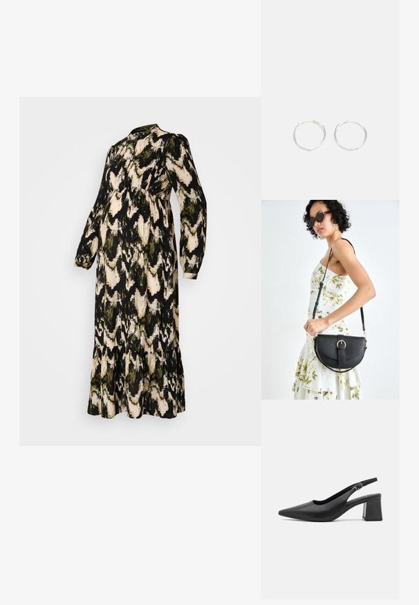 Ilga, juoda nėščiųjų suknelė su abstrakčiu žaliu ir beige raštu, aukštu kaklu, ilgomis rankovėmis, susiraukšlėta juosmens linija ir sluoksniuotomis volanėlėmis hem.; Juodas odinis šlepetis su užsegimu ant kulno, smailiu pirštu ir masyviu blokuotu kulnu. Yra reguliuojama juostelė su metaliniu užsegimu.; Juodas odinis krepšys su išlenkta forma, nuimamu dirželiu ir auksiniais detalėmis. Krepšys turi kilpą su sagtimi.; Sidabrinės auskarai žiedai su sėslia, apvalia forma, pasižymintys lygia paviršiumi ir be matomų puošmenų. Svoris nenurodytas.