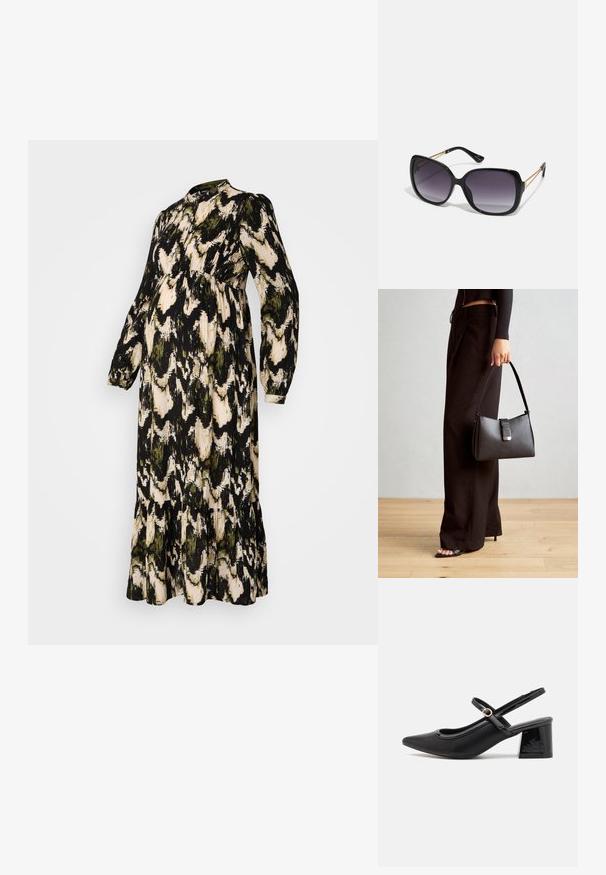 Hosszú, fekete kismama ruha absztrakt zöld és bézs mintával, magas nyakkivágással, hosszú ujjak, gyűrt derék és rétegzett fodros alsó rész.; Fekete lakk bőr, pántos magassarkú cipő, hegyes orral, lekerekített kivágással és tömbsarkal. Arany színű csat díszíti.; Fekete, oversize napszemüveg fokozatos árnyalatú lencsékkel, vastag kerettel és arany színű lánc díszítéssel a szárakon.; Fekete kézi táska strukturált formával, sima textúrával és fémből készült záródással. Széles fekete nadrággal és nyitott orrú szandállal párosítva, fából készült padlón.