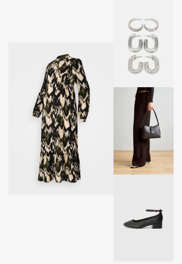 Pikk, must sünnituskleit abstraktse rohelise ja beeži mustriga, kõrge kaelusega, pikkade varrukatega, kogutud vöökoha ja kihilise volangiga äärega.; Must mustaapp, millel on terav nina ja madal blokk-kand. Omab pahkluu rihma koos kuldse tooni pandlaga. Sile tekstuur.; Must musta kott, millel on struktureeritud kuju, sile tekstuur ja metallist klamber. Kombineeritud laiate mustade pükstega ja avatud varvaste sandaalidega puidust põrandal.; Neli hõbedaste kõrvakaunistuste paari: kaks läikivat siledat rõngakujulist disaini, üks tekstuuriga ja üks kaetud väikeste selgete rhinestone'idega.