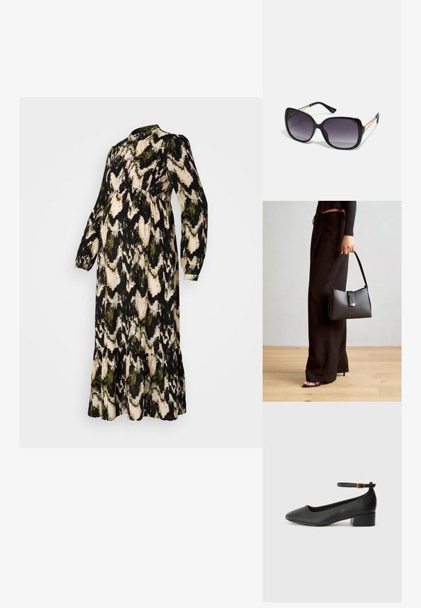 Vestido de maternidade longo e preto com padrão abstracto em verde e bege, decote alto, mangas longas, cintura franzida e barra com volantes em camadas.; Sandal de pele preta com bico pontiagudo e um salto bloco baixo. Apresenta uma tira no tornozelo com uma fivela em tom dourado. Textura suave.; Óculos de sol oversized pretos com lentes degradê, armações grossas e detalhes em corrente dourada nas hastes.; Bolsa preta com forma estruturada, textura suave e um fecho metálico. Combinada com calças largas pretas e sandálias de salto aberto sobre um chão de madeira.