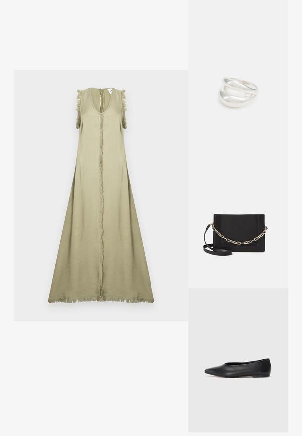 Bežė renginys be rankovių, olivinio žalumo, su giliu V formos iškirpimu, viduriniu siūlu ir kutais ant pečių bei apatinio krašto. Lygi, lengva medžiaga.; Juodas odinis baleto batas, su smailiu pirštu, minimalistinio dizaino, lygiu paviršiumi, žemo profilio kulnu, be matomos aparatūros ar papuošimų.; Juodas odinis per petį nešiojamas krepšys turi lygų paviršių, stačiakampio formą ir metalinę grandinėlę priekyje. Pridedama reguliuojama dirželis.; Sidabrinis dvigubas žiedas su lygiu, poliruotu paviršiumi. Pasižymi sklandžiu, kreiptu dizainu su persipinančiomis dalimis, suteikiančiomis modernų išvaizdą.