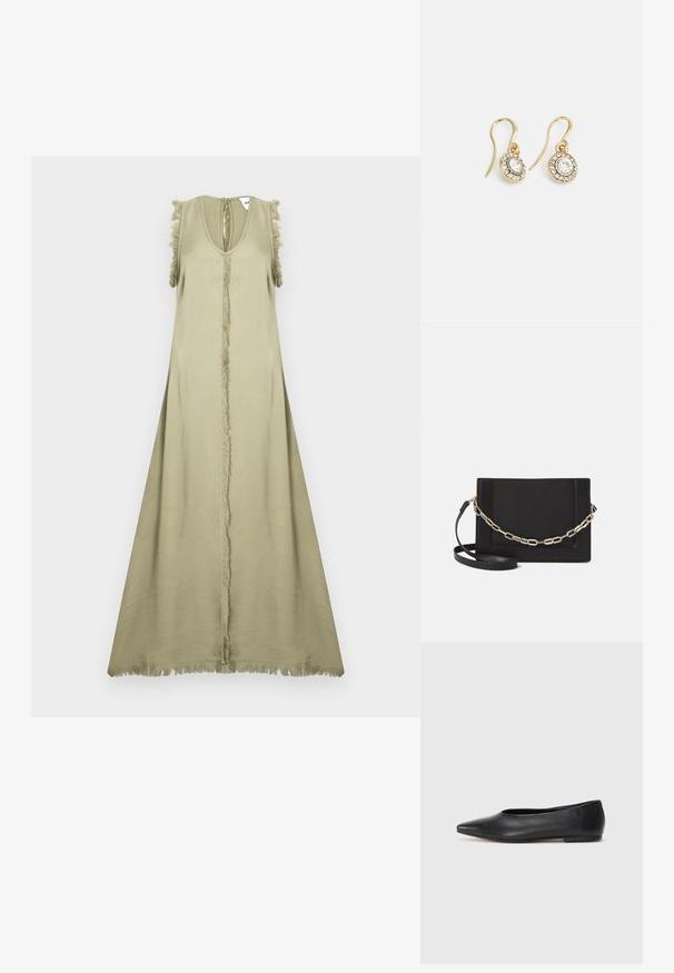 Ærmeløs olivengrøn kjole med dyb V-hals, midterste søm og frynsede detaljer ved skuldrene og kanten. Glat, let materiale.; Sort læder balletflade, spidse tæer, minimalistsk design, glat tekstur, lav hæl, ingen synlig hardware eller udsmykninger.; Sort læder crossbody taske med en glat tekstur, rektangulær form og en metallisk kæde detalje foran. Justerbar skulderrem inkluderet.; Guldtonede øreringe med ovalformede klare krystaller omgivet af mindre klare sten, med et krogdesign for sikker bæring.