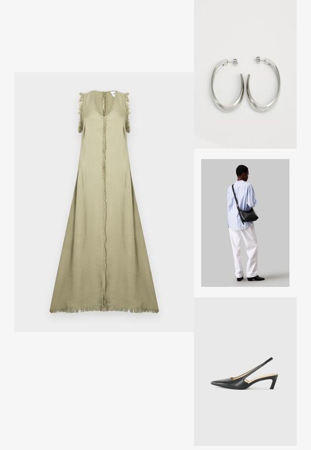 Ärmelloses olivgrünes Kleid mit tiefem V-Ausschnitt, Mittelnaht und Fransenakzenten an den Schultern und dem Saum. Glattes, leichtes Material.; Schwarzer spitz zulaufender Slingback-Schuh mit niedrigem Absatz, der aus glattem Leder gefertigt ist und seitliche Ausschnitte für Atmungsaktivität aufweist.; Schwarze Leder-Umhängetasche mit weicher Textur, dreieckiger Form und verstellbarem Tragegurt, kombiniert mit einem hellblauen gestreiften Hemd und weißen Hosen.; Silberne Creolen mit einem glatten, geschwungenen Design. Mit einem glänzenden metallischen Finish und Steckverschluss. Keine sichtbaren Muster oder Akzente.