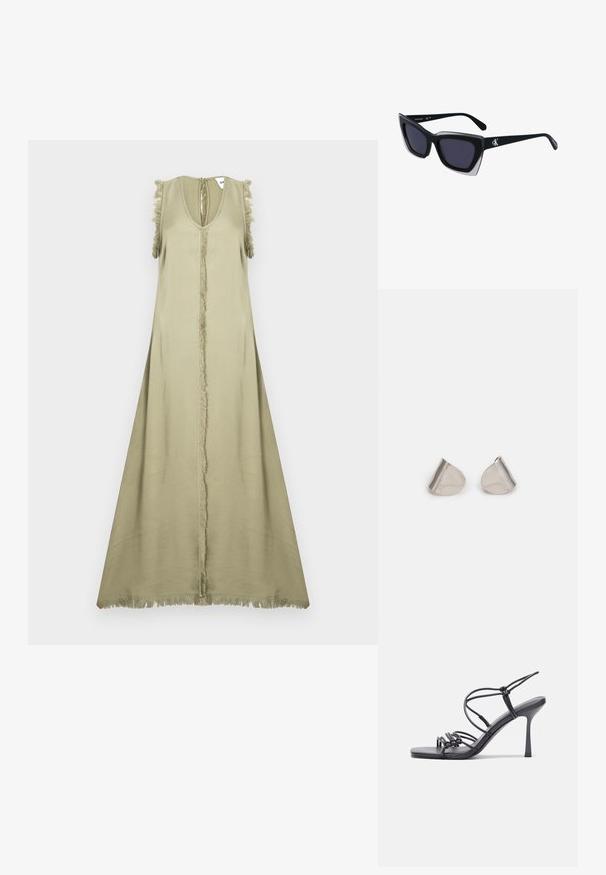 Rochie fără mâneci de culoare verde măsliniu, cu un decolteu adânc în V, cusătură centrală și accente franjurate pe umeri și pe tiv. Material neted, ușor.; Sandale negre cu toc înalt au curele subțiri cu un design legat, un vârf pătrat neted și un toc stiletto elegant.; Ochelari de soare supradimensionați, negri, cu o formă geometrică, având lentile întunecate și un detaliu gri contrastant pe ramă. Logo pe braț.; Cercei din metal argintiu cu o formă netedă, în formă de lacrimă și un finisaj lucios. Gravuri subtile adaugă detalii. Design minimalist.