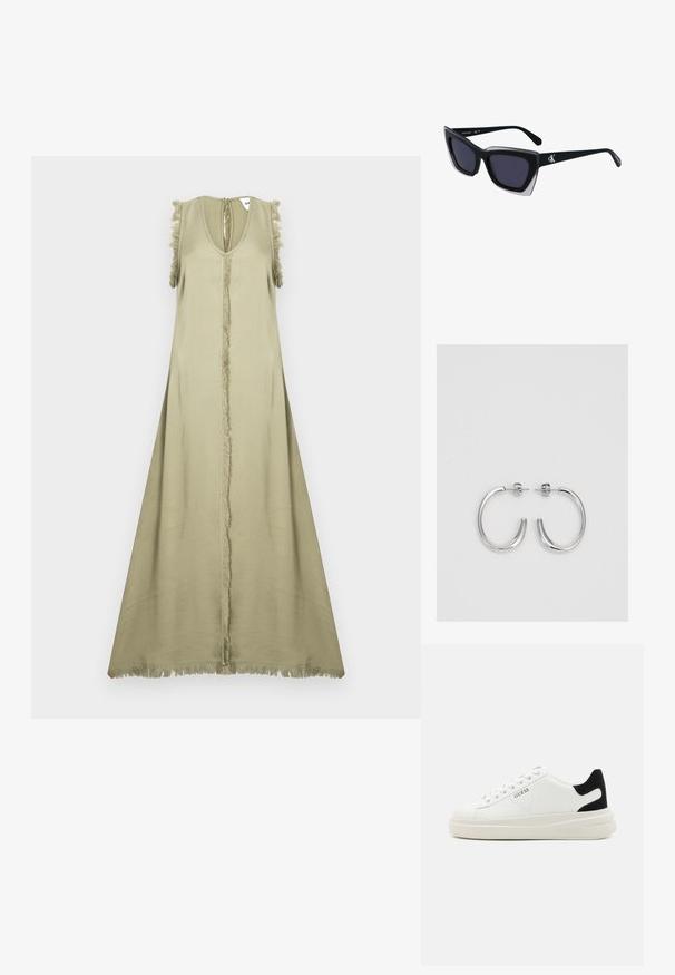 Bezramenné olivovozelené šaty s hlbokým výstrihom do V, stredným švom a strapcovými akcentmi na pleciach a leme. Hladká, ľahká látka.; Biele kožené tenisky s hrubou bielou podrážkou, čiernym zamekom na päte a vyrazeným logom na boku. Šnurovací dizajn so šiestimi očkami.; Čierne oversized slnečné okuliare s geometrickým tvarom, s tmavými šošovkami a kontrastným šedým detailom na ráme. Logo na mostíku.; Strieborné kruhové náušnice s hladkým a lesklým povrchom. Okrúhly tvar, ľahký dizajn, s uzáverom na kolík.