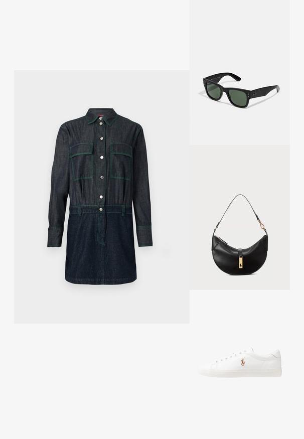 Dark denim shirt dress featuring a button-up front, two chest pockets, and green stitching accents. Long sleeves with buttoned cuffs.; White leather sneakers, low-top design, featuring a smooth texture, round toe, laced front, and a small embroidered logo on the side.; Black rectangular sunglasses with green lenses, matte finish, subtle hardware accents, and embossed logo on the temple.; Black leather handbag in a half-moon shape. Features a gold hardware accent and a narrow strap. Smooth texture, zipper closure at the top.