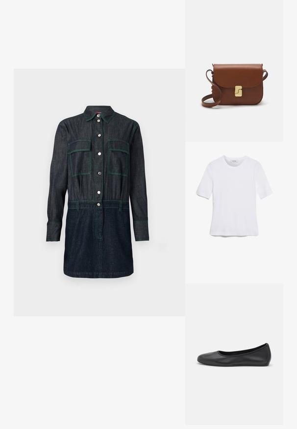 Tmavěmodrá džínová košilová šaty s knoflíkovým zapínáním vpředu, dvěma kapsami na prsou a zelenými švy. Dlouhé rukávy s knoflíkovými manžetami.; Bílá tričko s krátkým rukávem vyrobené z žebrované tkaniny. Kulatý výstřih, normální střih a jemné detaily šití. Bez vzorů nebo grafik.; Černé kožené baletní byty s kulatou špičkou, hladkou texturou, minimálními švy a flexibilním designem podrážky.; Hnědá kožená kabelka s klopou, zlatými kovovými detaily, ramenním popruhem a hladkým povrchem. Kompaktní obdélníkový tvar.
