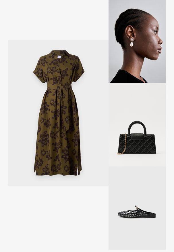 ASPESI ABITO - Ingruha - militare; Tory Burch MELLOW MARY JANE - Papucsszandálok - perfect black/gold; Fekete kézitáska texturált bőrből, gyémántmintázattal, aranyszínű láncos pánttal és logóval gravírozott fedélzárral ellátott felső fogantyúval.; Tory Burch STAR DROP EARRING - Fülbevalók - silver-coloured
