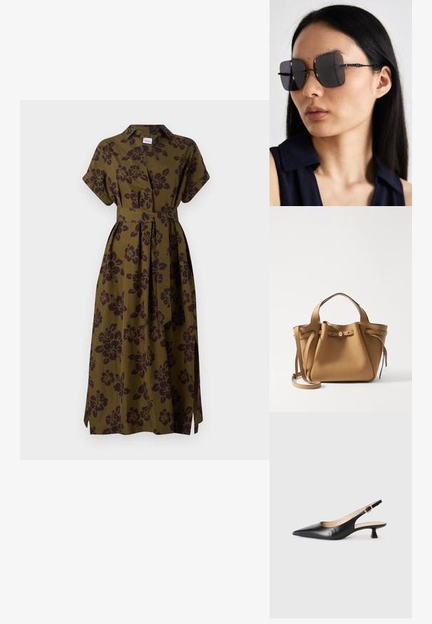 ASPESI ABITO - Blusenkleid - militare; Schwarze Leder-Slingback-Kitten-Heel-Schuhe mit spitzem Zehenbereich und goldener Schnalle am Seitenriemen, auf weißem Hintergrund.; Schwarze, übergroße Sonnenbrille mit quadratischen Gläsern, dünnem schwarzen Rahmen und ausgefallenen, strukturierten Bügelakzenten. Getragen von einem Modell mit langen schwarzen Haaren.; Tory Burch ROMY PEBBLED SATCHEL - Handtasche - tiramisu