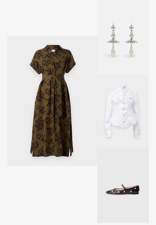 ASPESI ABITO - Tričkové šaty - militare; Biela dlhá košeľa s priliehavým strihom. Má veľký golier, predné zapínanie na hnedé gombíky a malé vyšívané logo.; Čierne kožené baleríny typu Mary Jane s okrúhlou špičkou, so striebornými kruhovými cvokmi a nastaviteľným remienkom so sponou.; Strieborné náušnice s obručou v tvare kruhu, zdobené žiariacimi kameňmi a perlou v tvare kvapky. Výnimočný dizajn s prepracovanými detailami.