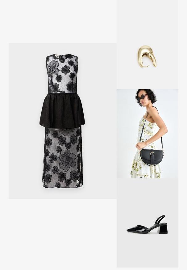 Melna kleita ar mežģīņu pārklājumu un ziedu rakstiem, ar pepluma jostas daļu, bez piedurknēm un garu, plūstošu siluetu.; Melna lakota āda ar atvērto papēdi, ar smailu purngalu un ģeometrisku blokpapēdi. Iezīmējas elegants, minimāls dizains un gluda tekstūra.; Melnas ādas rokassoma ar izliekta formu, noņemamu siksnu un zelta aksesuāriem. Somai ir vāciņš ar sprādzes detaļu.; Zeltīti metāla auskari ar gludu, izliekta dizaina. Ar atšķirīgu smailu formu, pulētu virsmu un eņģu aizdari.