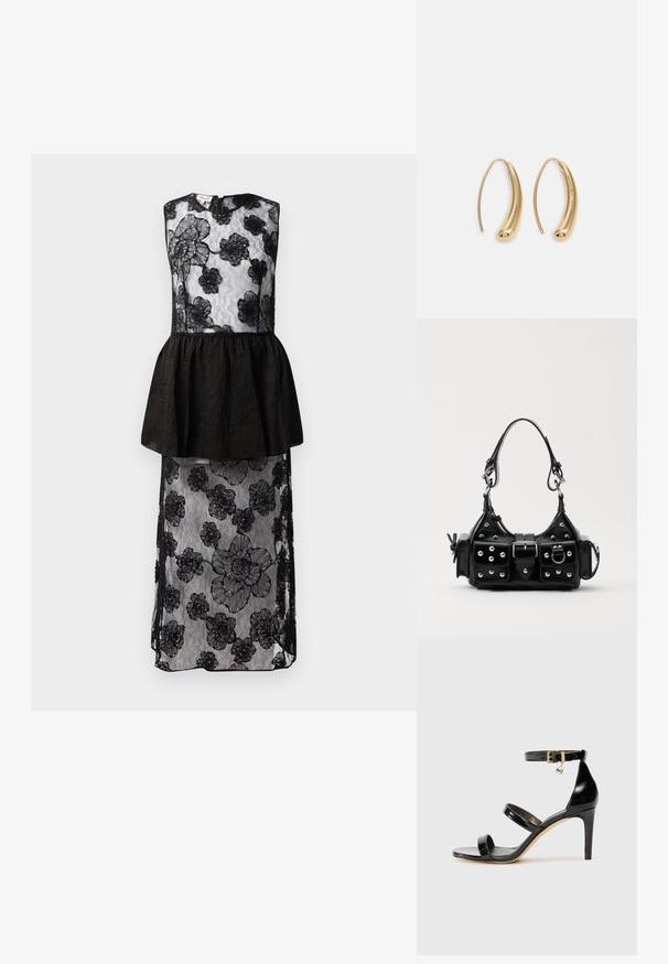 Černé šaty s krajkovým přehozem s květinovými vzory, peplum pasem, bez rukávů a dlouhým, splývavým střihem.; Černé lakované kožené sandály se třemi pásky, sponou na kotníku a 10 cm jehlovým podpatkem. Obsahují zlaté kovové detaily a logo přívěsek.; Černá kožená kabelka s křivkovým designem, zdobená stříbrnými hřebíky, s přezkou a dvěma bočními kapsami. Nastavitelný popruh pro různé možnosti nošení.; Náušnice ve tvaru kruhu z pozlaceného kovu s vroubkovaným, prodlouženým tvarem. Mají hladký, lesklý povrch a zaoblený konec pro zvýraznění detailu.