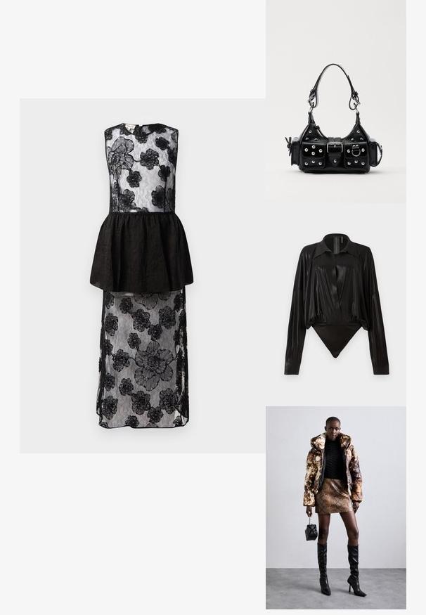 Fekete ruha csipkés áttéttel, virágmintákkal, peplum derékkal, ujjatlan kialakítással és hosszú, lebegő sz Siluettel.; Fekete egyrészes ruházat hosszú ujjakkal, V-kivágással és testhez simuló fazonnal. Fényes, sima anyagból készült, strukturált gallérral és mandzsettákkal.; Barna és fekete mintás puffjú dzseki, barna kígyóbőr mintás mini szoknyával, fekete térdig érő csizmával és egy kicsi fekete táskával párosítva.; Fekete bőr kézitáska ívelt designnal, ezüst szegecsekkel, csattal és két oldalsó zsebbel. Állítható vállpánt a hordozási lehetőségekhez.