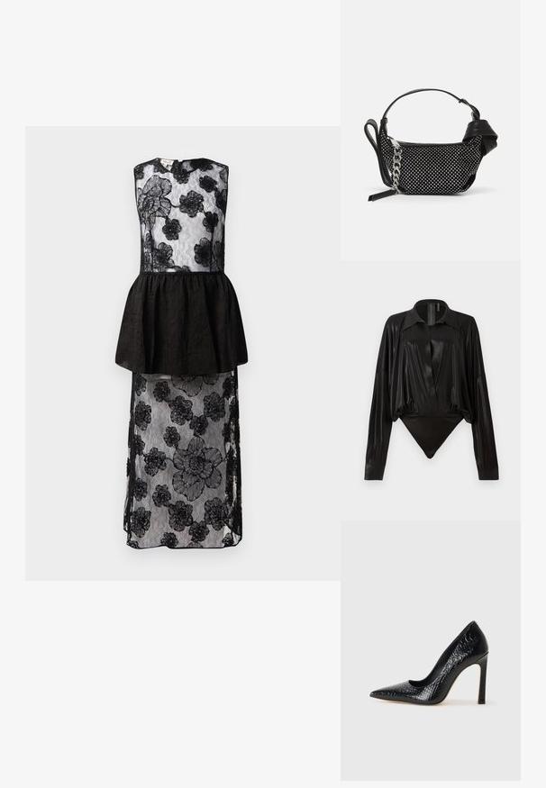 Czarna sukienka z koronkowym nałożeniem w kwiatowe wzory, z peplum w talii, bez rękawów oraz długą, zwiewną sylwetką.; Czarny bodysuit z długimi rękawami, dekoltem w serek i dopasowanym fasonem. Wykonany z błyszczącego, gładkiego materiału z usztywnionym kołnierzykiem i mankietami.; Czarne szpilki z ostrym noskiem, pokryte teksturą skóry krokodyla, charakteryzujące się eleganckim wzornictwem, wysokim obcasem w stylu stiletto oraz gładkim czarnym wnętrzem.; Czarna torebka z ćwiekowanymi zdobieniami, łańcuszkowym paskiem i gładkim skórzanym uchwytem, o zaokrąglonym kształcie i zamykanej kieszeni.