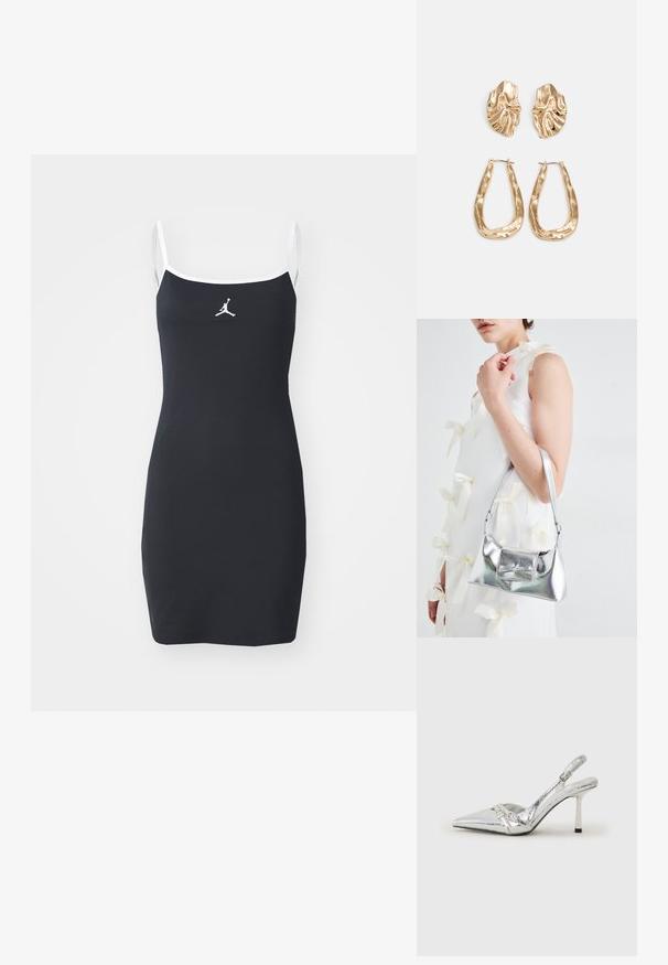 Vestido preto com textura canelada, alças e acabamento brancos. Apresenta um logo Jumpman no peito. Silhueta justa, design até ao joelho.; Sapato de salto alto slingback prateado com bico fino, acabamento metálico, duas correias decorativas e um salto esbelto com ponta preta.; Bolsa metálica prateada com uma forma estruturada, apresentando uma alça superior e um detalhe de laço na frente. Textura suave, acabamento reflexivo.; Brincos em tom de ouro com formas onduladas e texturizadas. Inclui studs escultóricos com presilha e um design de argola aberta com um acabamento martelado.
