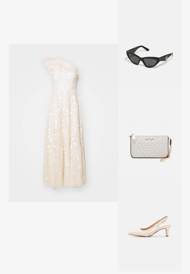 Cremfarbenes Kleid mit einem Schulterträger, floralem Stickerei, strukturiertem Oberteil und fließendem Rock. Verfügt über gefaltetete Details an der Schulter.; Weiße Slingback-Absätze mit spitzer Zehenpartie, glattem Obermaterial, niedrigem Blockabsatz und seitlichem Ausschnitt-Design mit verstellbarem Schnallenriemen.; Cat-Eye-Sonnenbrille mit mattem schwarzen Kunststoffrahmen, dunklen Gläsern und einem goldenen Logoplatz auf dem Bügel. Winkeliges Design und glatte Oberfläche.; Michael Kors Clutch in beige beschichtetem Canvas mit einem wiederholten MK-Logo-Muster, goldfarbener hardware und einem abnehmbaren Kettenriemen.