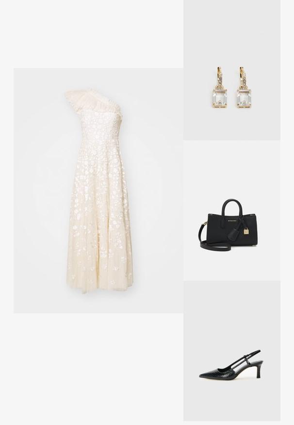 Viena pleca krēmkrāsas kleita ar ziedu izšuvumiem, teksturētu augšdaļu un plūstošu svārku. Iezīmē plecu ar sakratītām detaļām.; Melna patent āda ar slīdošo papēdi un smailo purngalu, ar teksturētu čūsku drukājumu, regulējamu siksniņu un īsu teksturētu blokpapēdi.; Melna ādas rokassoma ar strukturētu dizainu, augšējiem rokturiem un noņemamu plecu siksnu. Iezīmēta ar zelta aparatūru un zīmola piekariņu.; Zeltītas auskaru rotas, kuru centrā ir taisnstūra formas caurspīdīgs kristāls, kas karājas zem mazu, apaļu caurspīdīgu akcentu rindas. Elegants, mūsdienīgs dizains.