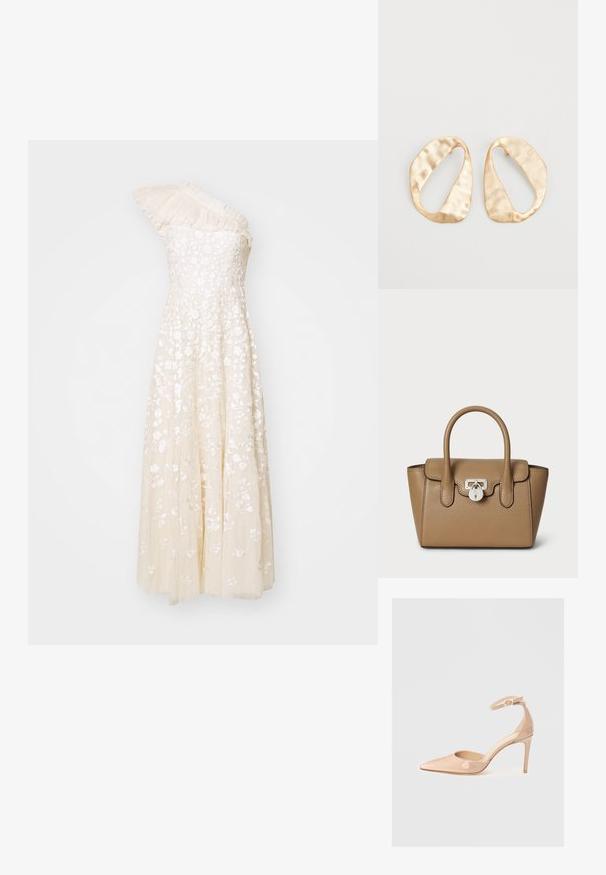 Kremowa sukienka na jedno ramię z haftem kwiatowym, teksturowanym gorsetem i swobodną spódnicą. Posiada plisowane detale na ramieniu.; Nude lakierowane buty na szpilce z odkrytym palcem i paskiem wokół kostki, charakteryzujące się gładką fakturą i minimalistycznym designem.; Lauren Ralph Lauren - Torebka; Para nieregularnych, owalnych kolczyków ze złotego metalu o teksturowanej, lekko młotkowanej powierzchni na białym tle.