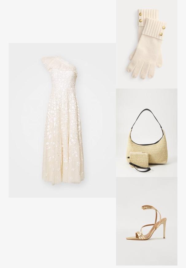 Robe crème à épaule unique avec broderies florales, corsage texturé et jupe fluide. Présente des détails plissés sur l'épaule.; Even&Odd Sandales à talons hauts - gold; Sac à main en paille tissée avec une silhouette courbée, doté d'une bandoulière en cuir noir lisse et d'une petite pochette assortie attachée par une sangle pour le poignet.; Gants en laine couleur crème avec des poignets côtelés, ornés de deux boutons décoratifs dorés chacun au sommet des poignets. Texture douce avec des ouvertures pour les doigts.