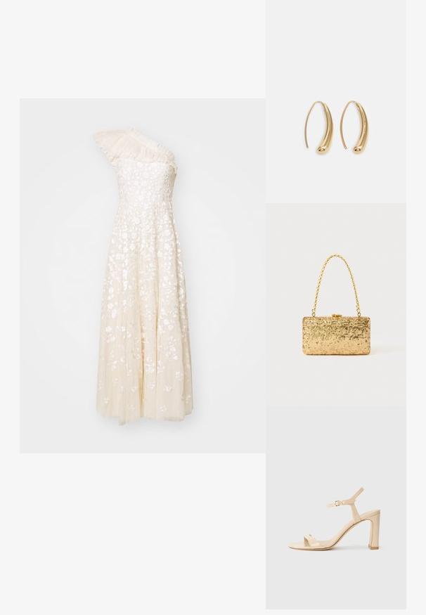Egyvállas krém színű ruha virágos hímzéssel, texturált felsőrésszel és bő, légies szoknyával. Az egyvállas részén plissé részletek találhatók.; Beige magassarkú szandál bokaövvel és arany csattal, nyitott orrú és tömbsarkú, fehér háttérrel.; Arany flitteres clutch táska, téglalap alakú, csavart lánckarabinerekkel és fém záródással, mely fényt tükröz a textúrált felületének köszönhetően.; Aranyszínű fémből készült karika fülbevalók ívelt, hosszúkás formával. Simaságával és fényes felületével, valamint lekerekített végével további részletekkel bővül.