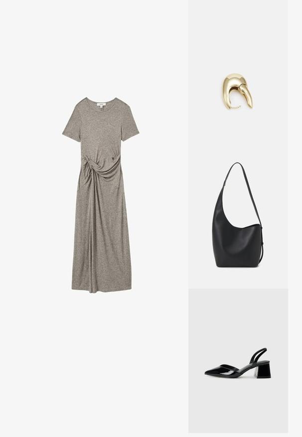 Hallhallane t-särkkleit, mis on valmistatud pehmest, venivast kangast. Sellel on lühikesed varrukad, ümmargune kaelus ja külgedel sõlmeaktsent.; Mustad musta lakknahk kingad, millel on terav varvas ja geomeetriline plokkkonts. Omab elegantselt minimalistlikku disaini ja sujuvat tekstuuri.; Mustast nahast hobo kott, millel on sile tekstuur, kumer kuju ja üks reguleeritav rihm; peal on lai avaus.; Kuldtooni metallist kõrvarõngas, millel on elegantne ja kaarjas disain. Omab silmapaistvat teravat kuju, poleeritud pinda ja hingesulgemist.