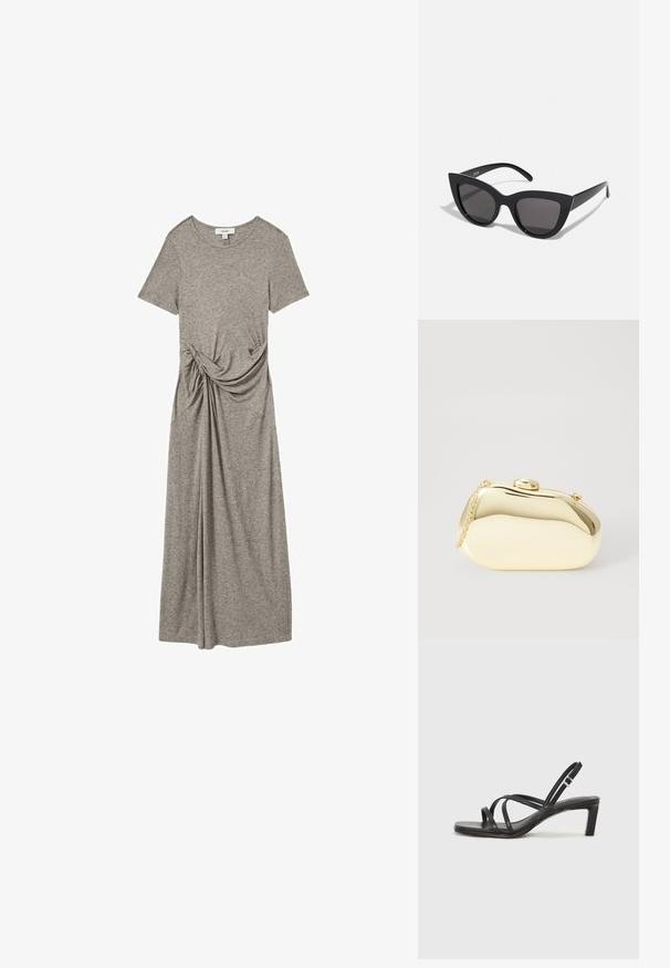 Rochie gri dintr-un material moale și elastic. Are mâneci scurte, decolteu rotund și un accent legat pe lateral.; Sandal cu barete negre, cu vârf pătrat și toc mic de bloc. Prezintă mai multe barete subțiri și o bareta ajustabilă la gleznă. Fabricat din piele netedă.; Ochelari de soare negri, forma cat-eye, cu un finisaj mat, având lentile gri și unghiuri ascuțite, precum și brațe laterale elegante. Numele brandului este vizibil pe brațul interior.; Clutch metalizat de culoare aurie, cu o formă netedă și rotundă, având un închizător tip buton în partea de sus și o curea mică pentru purtare.