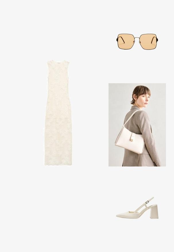 Dolg bel kremast obleka z rebrasto teksturo in cvetličnim čipkastim vzorcem. Brezrokavni dizajn, dolžina do tal, prilegajoč kroj in okrogla izreza.; Bež slingback čevlji s koničastim nosom, sijočo patentirano obdelavo, srednjim blokastim petam in nastavljivim trakom. Minimalistična zasnova z odprtimi stranmi.; Kvadratne sončna očala z rjavimi lečami in tankim črnim kovinskim okvirjem. Imajo poševne ušesne dele in nastavljive nosne blazinice za udobje.; Bela usnjena torba s strukturirano zasnovo, opremljena z magnetnim zapiranjem in naramnico, prikazana na nevtralni ozadju.