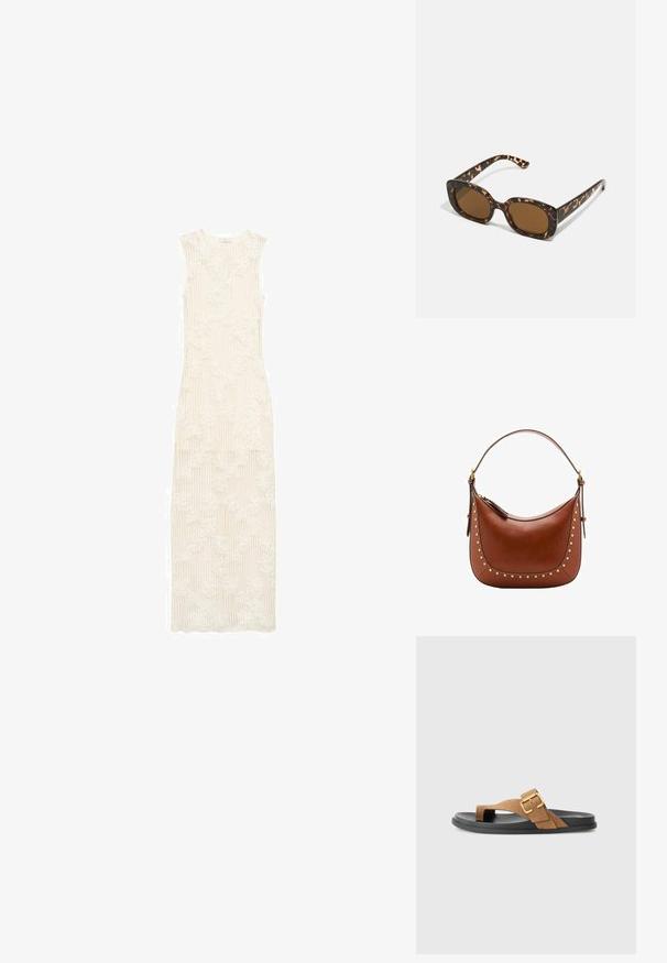 Rochie lungă, crema, cu textură ribbed și model de dantelă florală. Design fără mâneci, până la podea, croială ajustată și decolteu rotund.; Sandale din suede maro cu detalii de cataramă aurie, având o talpă plată din cauciuc negru și un design de tip thong. Textură netedă, stil minimalist.; Ochelari de soare cu chelă de broască țestoasă, având un cadru rotund și voluminos, cu lentile maro. Prezintă modele subtile și brațe drepte, conice.; Geantă maro din piele, cu o formă curbată, având nevește aurii pe cusătură și un curea subțire pentru umăr. Închidere cu fermoar în partea de sus.