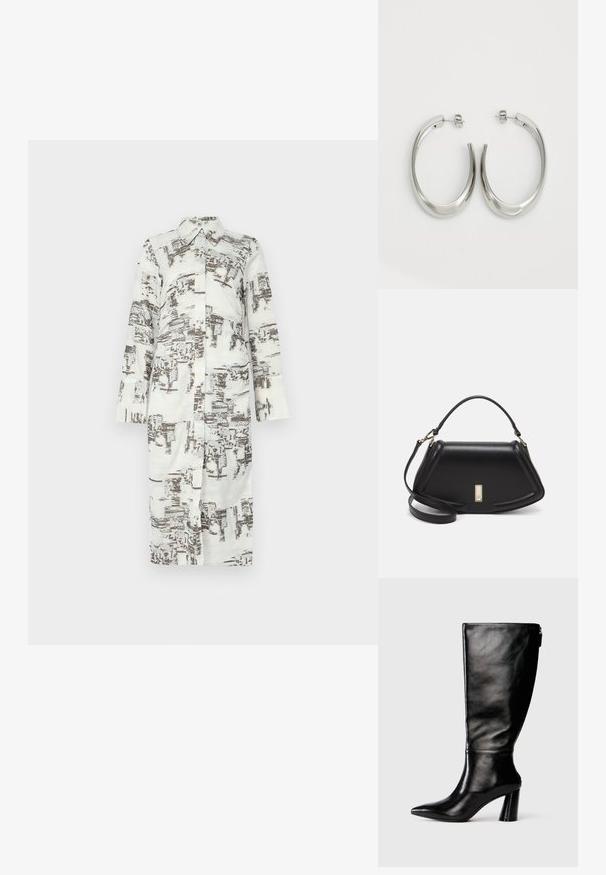 Langes Hemdkleid, weiß mit einem braunen abstrakten Muster, Kragen und vorderem Knopfverschluss. Lange Ärmel mit geradem Schnitt. Weicher, glatter Stoff.; Knöchelhohe schwarze Lederstiefel mit einer spitzen Zehe, glatter Oberfläche und einem klobigen Absatz. Verfügt über einen Reißverschluss hinten.; Schwarze Lederhandtasche mit einem strukturierten Design, das eine verkürzte Form, einen oberen Griff und goldfarbene Hardware-Details aufweist. Verstellbarer Schulterriemen ist enthalten.; Silberne Creolen mit einem glatten, geschwungenen Design. Mit einem glänzenden metallischen Finish und Steckverschluss. Keine sichtbaren Muster oder Akzente.