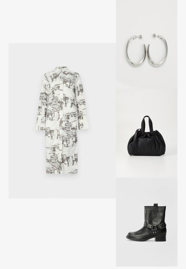 Rochie cămașă lungă, albă cu un model abstract maro, guler și închidere frontală cu nasturi. Mâneci lungi cu tăietură dreaptă. Material moale și neted.; Samsøe Samsøe SABRENTA - Botine cowboy/biker - black; Geantă de mână din piele neagră cu un design cu partea superioară plisată, având două mânere scurte și o curea lungă ajustabilă. Textură netedă, formă rotunjită.; Cercei din argint, cu un design neted și curbat. Prezintă o finisare metalică strălucitoare și închidere cu stud. Fără modele sau accente vizibile.