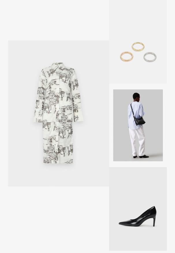Hosszú ingruha, fehér színű, barna absztrakt mintával, gallérral és elöl gombos záródással. Hosszú ujjakkal, egyenes szabással. Puha, sima anyag.; Fekete bőr magassarkú cipő, hegyes orral, sima textúrával és kúpos sarkal. Minimalista dizájn, nincsenek további díszítések.; Fekete bőr válltáska puha tapintással, háromszög alakú, állítható pánttal, világoskék csíkos inggel és fehér nadrággal párosítva.; Három fémgyűrű: az egyik rose gold, a másik texturált akcentusokkal ellátott arany, a harmadik pedig ezüst, mindegyiken gravírozott márkajelzés található a belső sávon.