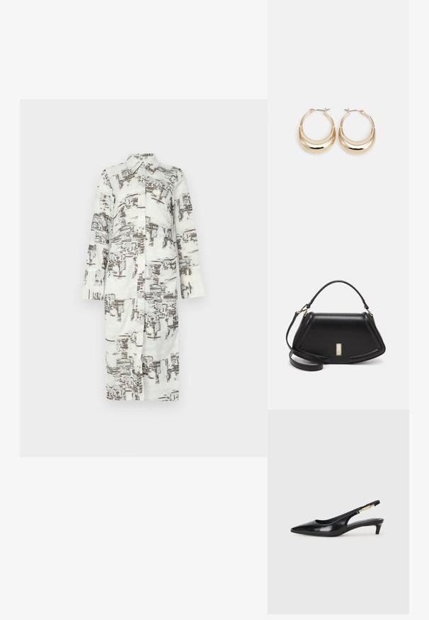 Lange jurkblouse, wit met een bruine abstracte print, kraag en sluiting met knopen aan de voorkant. Lange mouwen met een rechte snit. Zacht, glad materiaal.; Zwarte leren slingback hakken met een spitse neus, voorzien van een slanke hak en een goudkleurige accent op de verstelbare band. Gladde textuur.; Zwarte leren handtas met een gestructureerd ontwerp, featuring een verkorte vorm, bovenhandvat en gouden hardwareaccent. Inclusief verstelbare schouderband.; Gouden hoepel oorbellen met een halve maan vorm, gepolijste oppervlakte en scharnier sluiting. De gladde textuur en weerspiegelende afwerking vergroten de zichtbaarheid.