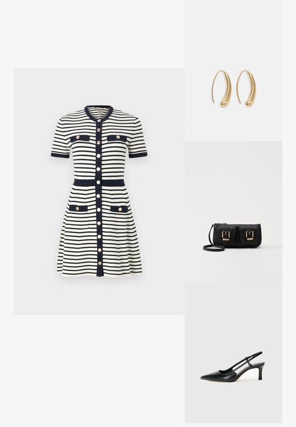 Maje RIROLLS - Robe pull - marine/ecru; Escarpin slingback en vernis noir avec un bout pointu, présentant un imprimé serpent texturé, une sangle réglable et un petit talon bloc texturé.; Sac en cuir noir porté en travers avec deux poches avant, boucles dorées, fermeture zippée et une sangle fine. Surface texturée et forme rectangulaire compacte.; Boucles d'oreilles en métal doré en forme d'anneau, avec une forme courbée et allongée. Elles présentent une surface lisse et brillante avec une pointe arrondie pour un détail supplémentaire.