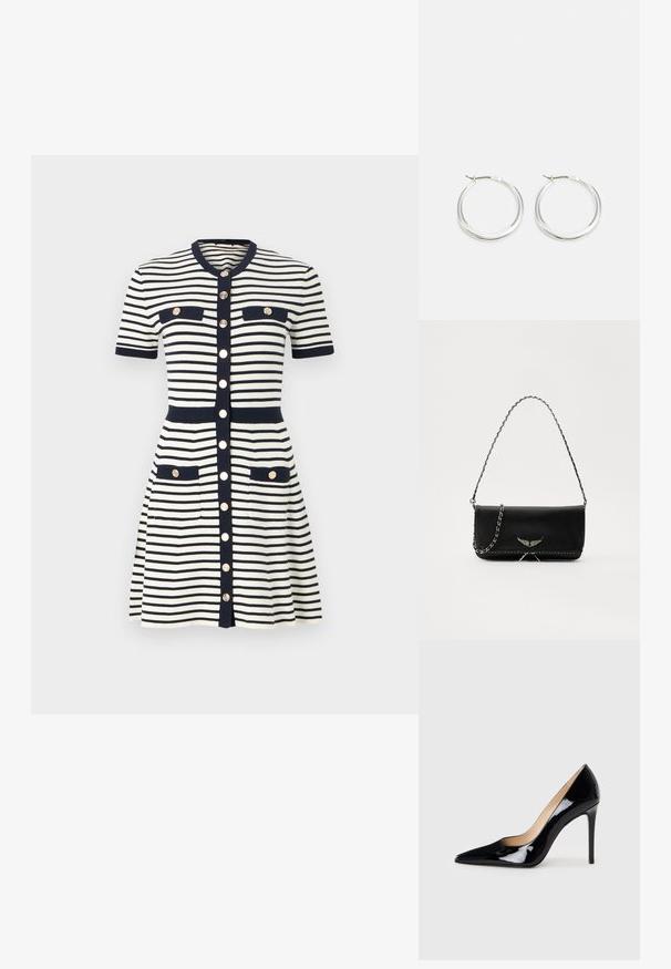 Maje RIROLLS - Kampsunkleit - marine/ecru; Must matte musta kõrge kontsaga king, millel on terav varvas ja sujuv siluett. Omab sileda, läikivat viimistlust ja sale stiletto konts.; Mustvalge nahk käekott hõbedase ahelsanga ja dekoratiivsete tiivaaktsentidega, samuti valgete õmblustega alumises ühenduses.; Hõbedased rõngasnõelad on sujuva ja ümara kujundusega, õhukese profiiliga ning kindla lukuga. Minimalistlik stiil ja läikiv viimistlus.