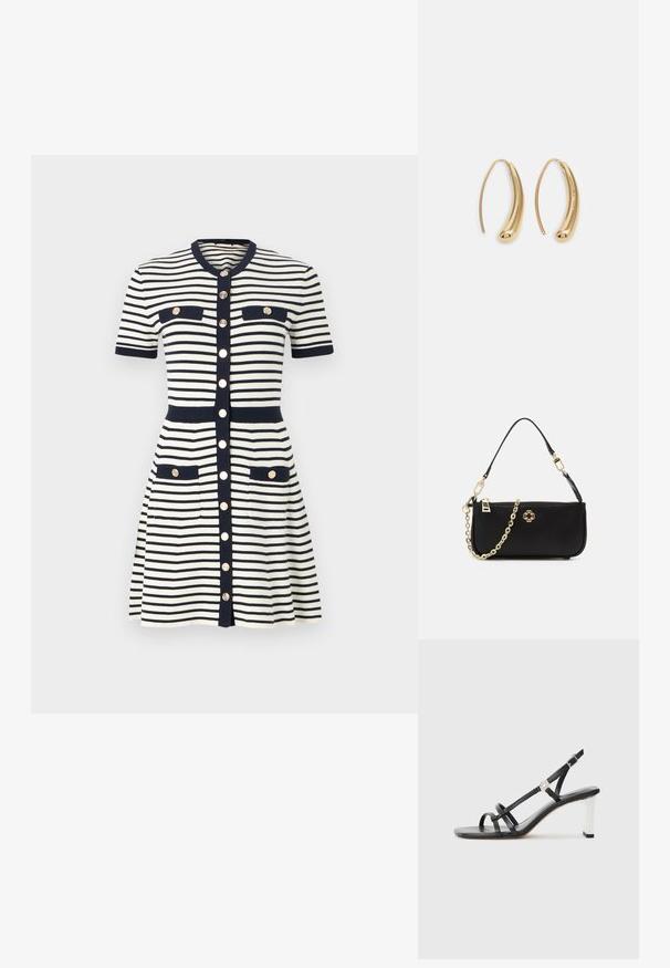 Maje RIROLLS - Strikket kjole - marine/ecru; Svarte hæler med flere smale stropper, slinga bak og sølvfarge på hælen. Glatt overmateriale og firkantet hæl.; Svart håndveske med en glatt tekstur, som har en gullkjede-reim, glidelås-lukking og et dekorativt gull-emblem på forsiden.; Gullfargede metalløredobber med en buet, forlenget form. Har en jevn, blank overflate og en avrundet tupp for ekstra detaljer.
