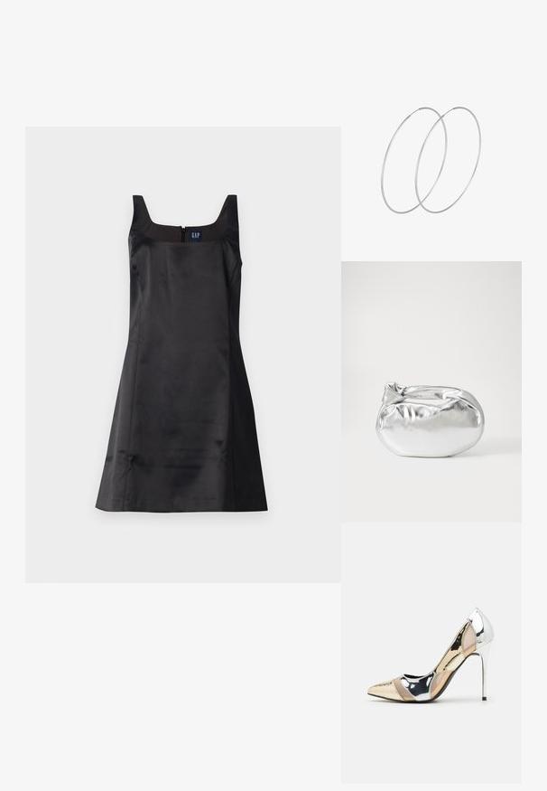 Mugav must kleit, mis on valmistatud siledast kangast, ruudukujulise kaelusega ja seljaosa lukuga; sisaldab kinnitatud piha ja laienevat seelikut.; Kitsas toe kõrge kontsaga kingad, millel on hõbedane, kuldne ja nude värvilahendus. Läikiv viimistlus lõikekujundusega, stiletto konts.; Hõbedane metallikoti kott pehme, ümar kuju ja sõlme ülemise sulgemisega. Valmistatud siledast kunstnahast materjalist.; Hõbedased rõngastikkaehingad minimalistlikus disainis. Ümar kuju, sile tekstuur ja õhuke profiil. Kerged ning poleeritud viimistlusega.