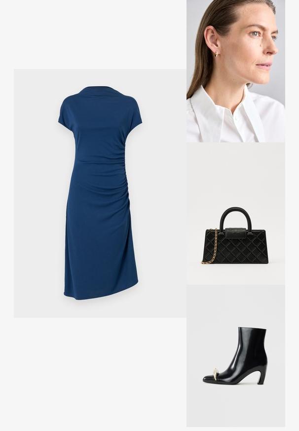 Laivan sininen mekko lyhyillä hihoilla, sivu rypytystiedoilla, pehmeää kangasta, rento malli ja polvipituinen muotoilu.; Mustat nilkkurit, jotka on valmistettu kiiltävästä nahasta, ja joissa on terävä kärki sekä koristeellinen kultainen ja hopeinen aksentti edessä. Laiton korko.; Mustaväri käsilaukku, joka on valmistettu teksturoidusta nahasta ja jossa on timanttikuvio, kultasävyinen ketjuolkaintassa ja pääkahva, jossa on logolla painettu läppä.; Kullanışlı bir modelin düz saçlarıyla takılan, küçük dekoratif bir taşla süslenmiş altın halka küpe. Beyaz yakalı bir gömlek ile kombinlenmiş.